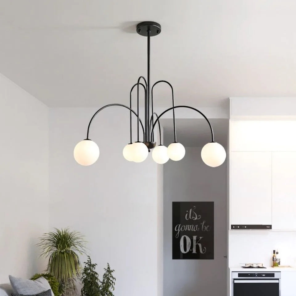 Chandelier Frosted Glass Globes Sculptural Curved Metal Frame