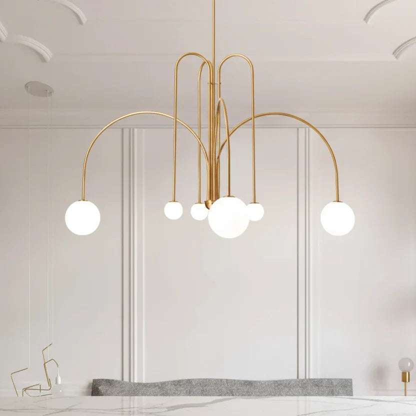 Chandelier Frosted Glass Globes Sculptural Curved Metal Frame