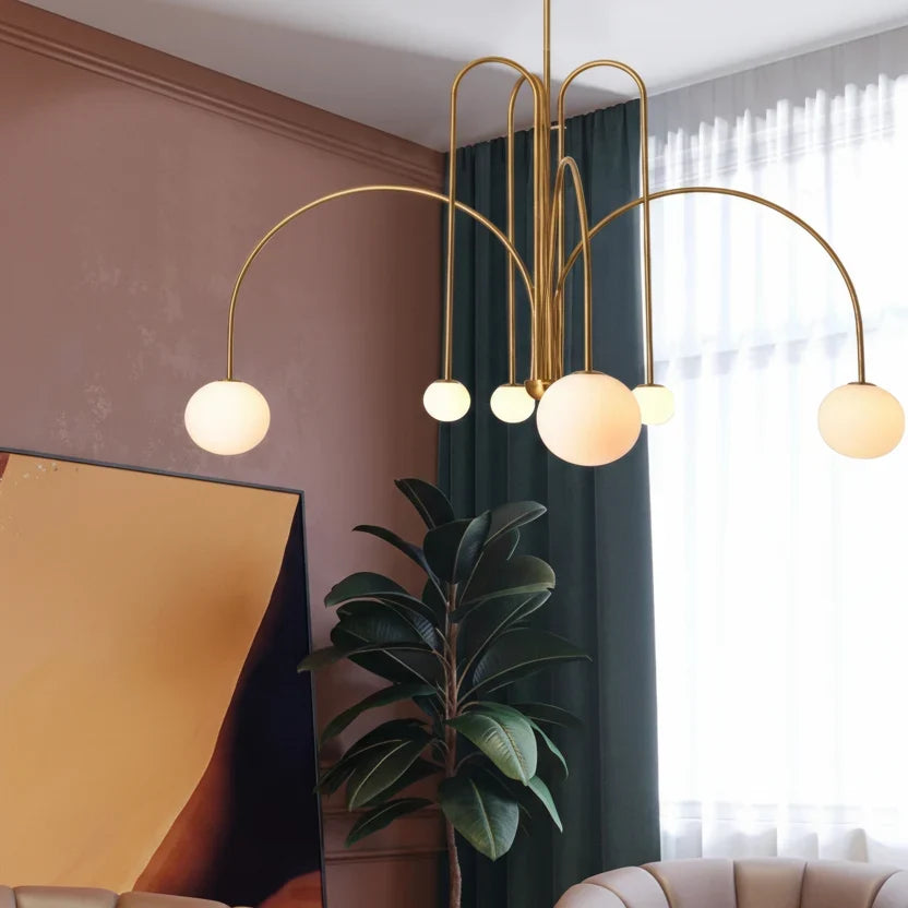 Chandelier Frosted Glass Globes Sculptural Curved Metal Frame