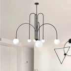 Chandelier Frosted Glass Globes Sculptural Curved Metal Frame