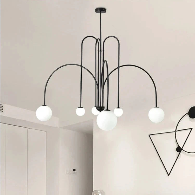 Chandelier Frosted Glass Globes Sculptural Curved Metal Frame