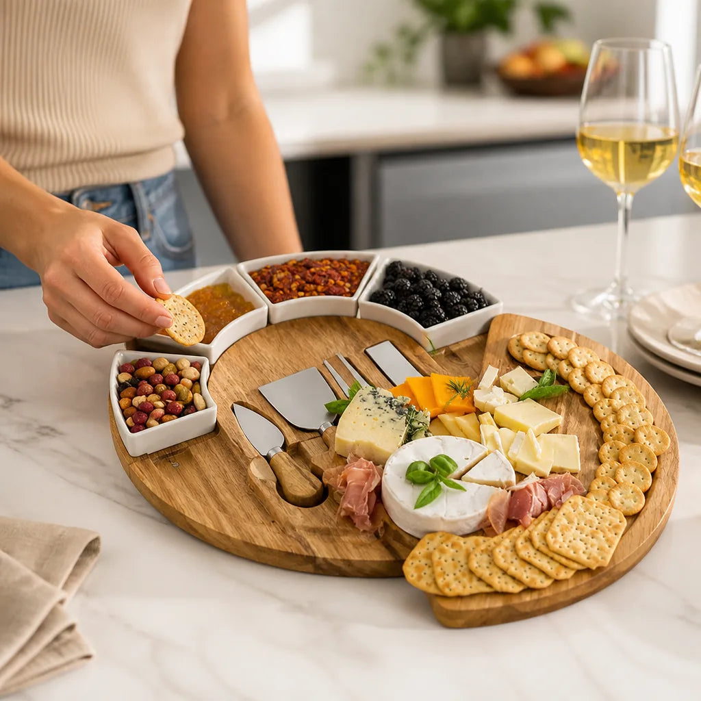 Charcuterie Board Acacia Wood Ceramic Bowls & Stainless Steel Knives