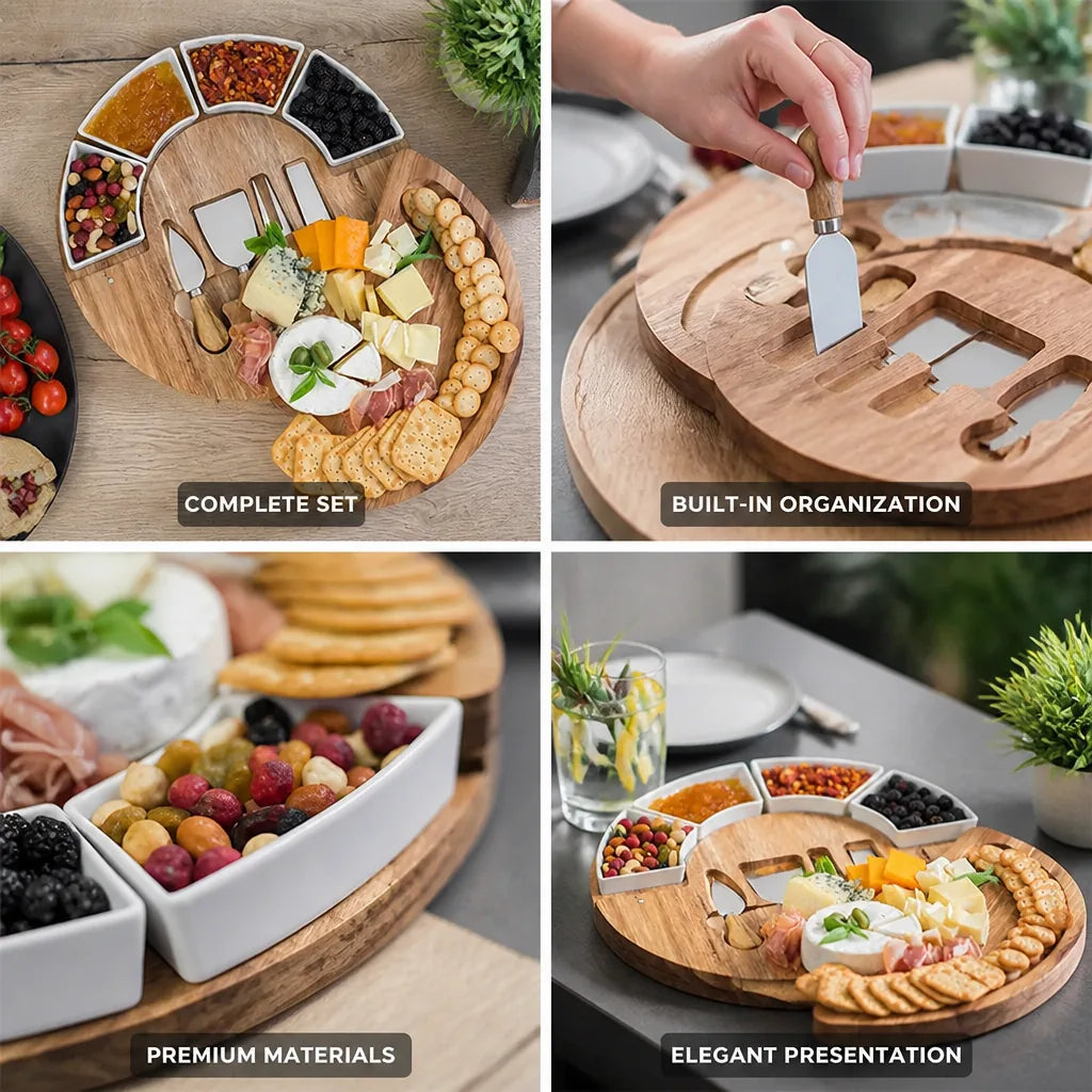 Charcuterie Board Acacia Wood Ceramic Bowls & Stainless Steel Knives