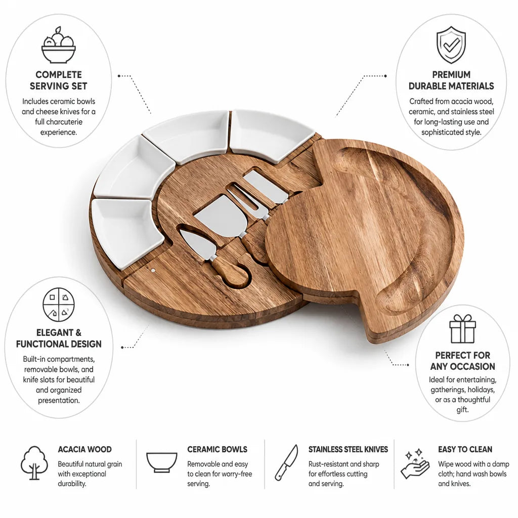 Charcuterie Board Acacia Wood Ceramic Bowls & Stainless Steel Knives