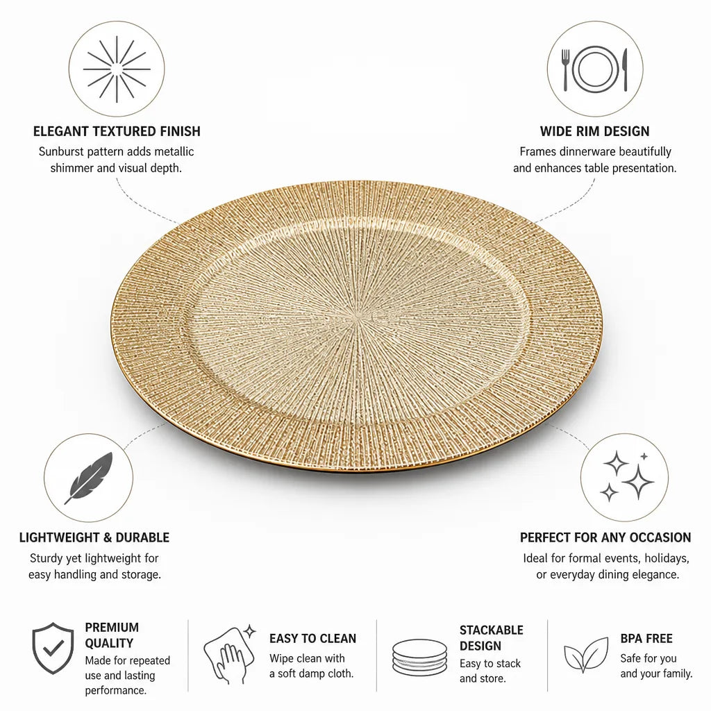 Charger Plate Textured Sunburst Metallic Lightweight & Durable