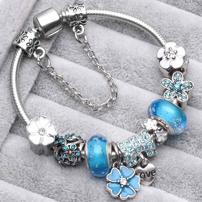 Charm Bracelet Sterling Silver Floral Adjustable