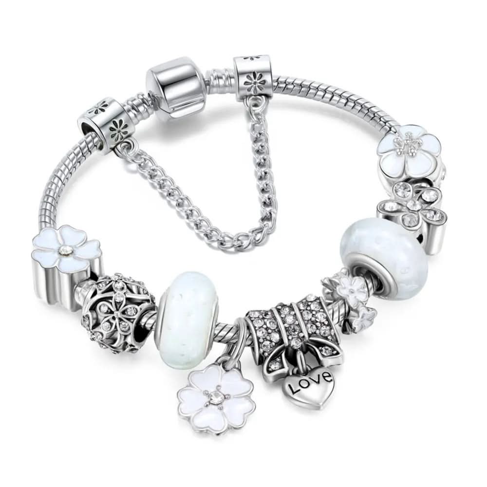 Charm Bracelet Sterling Silver Floral Adjustable