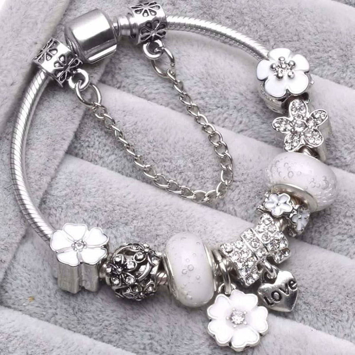 Charm Bracelet Sterling Silver Floral Adjustable