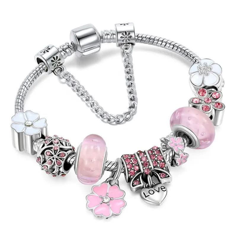 Charm Bracelet Sterling Silver Floral Adjustable