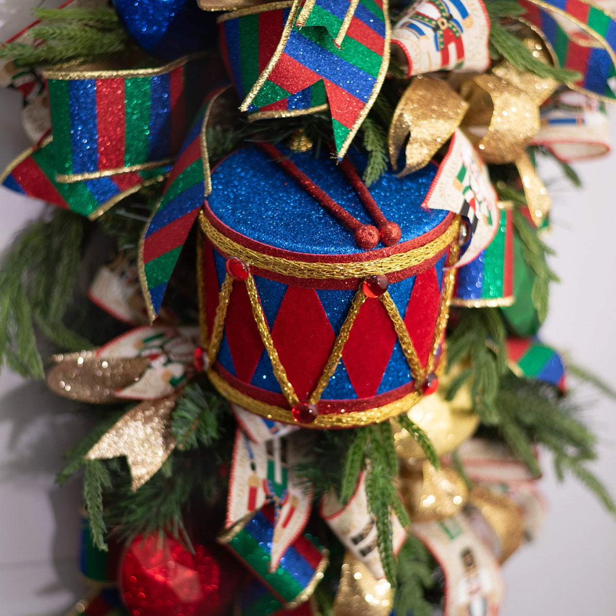 Christmas Drum Ornament Harlequin Pattern Glittered Drumsticks