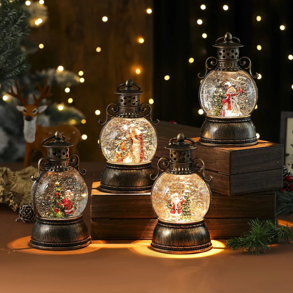 Christmas Lantern Glass Dome Winter Scene Battery-Operated LED