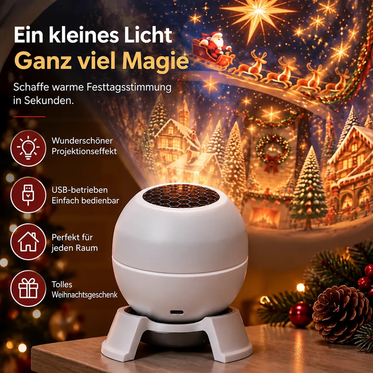 Christmas Projection Night Light USB Powered Festive Scenes