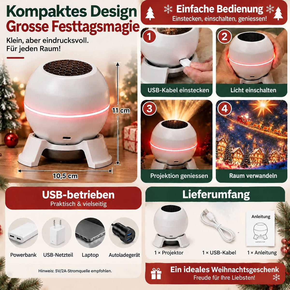 Christmas Projector Light Moving Patterns USB Powered Indoor Use