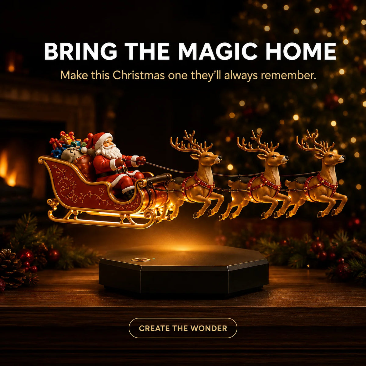 Christmas Sleigh Decoration Magnetic Levitation Illuminated Base Four Reindeer