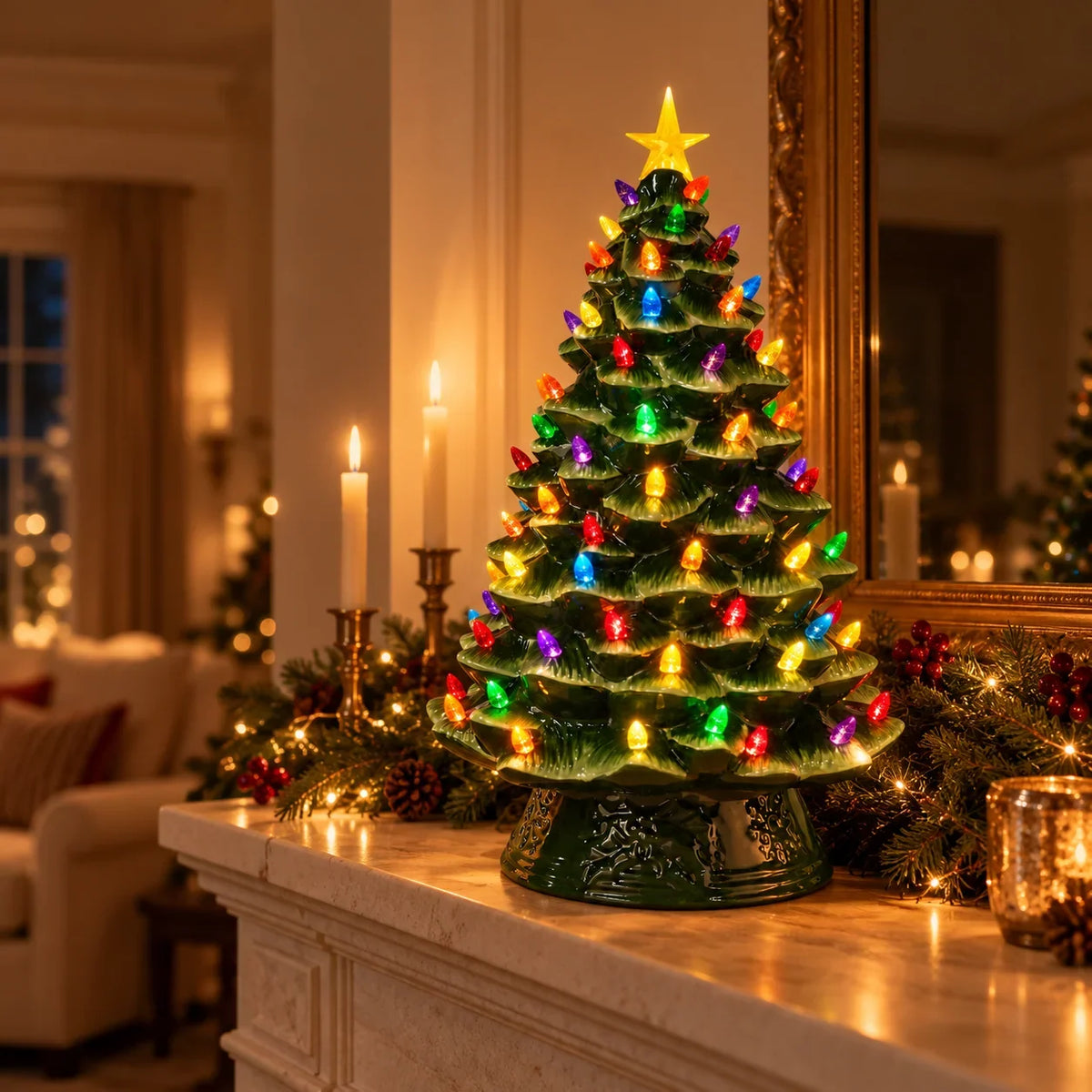 Christmas Tree Glazed Ceramic Warm Multicolor LED Lights