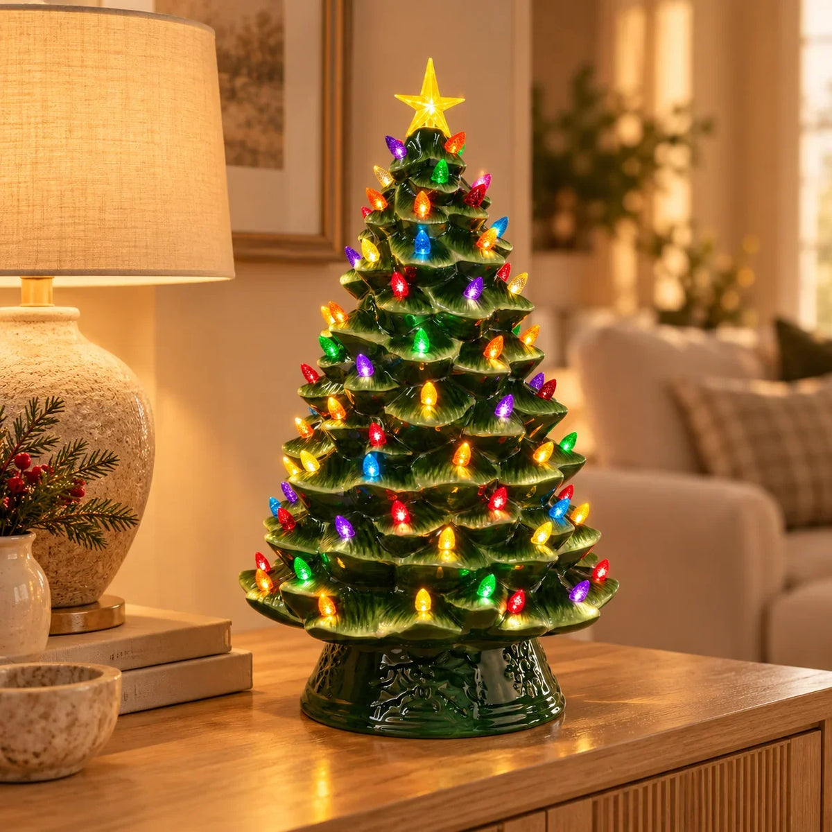 Christmas Tree Glazed Ceramic Warm Multicolor LED Lights