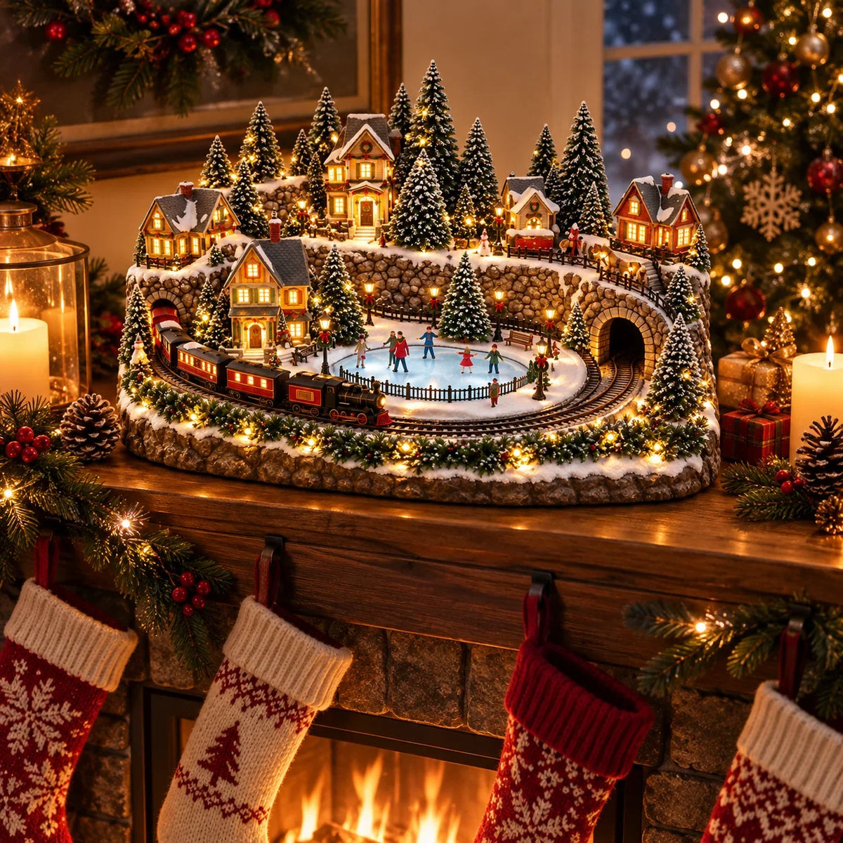 Christmas Village Decoration Moving Train Warm Lights & Music