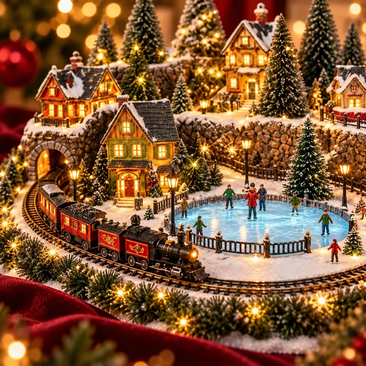 Christmas Village Decoration Moving Train Warm Lights & Music
