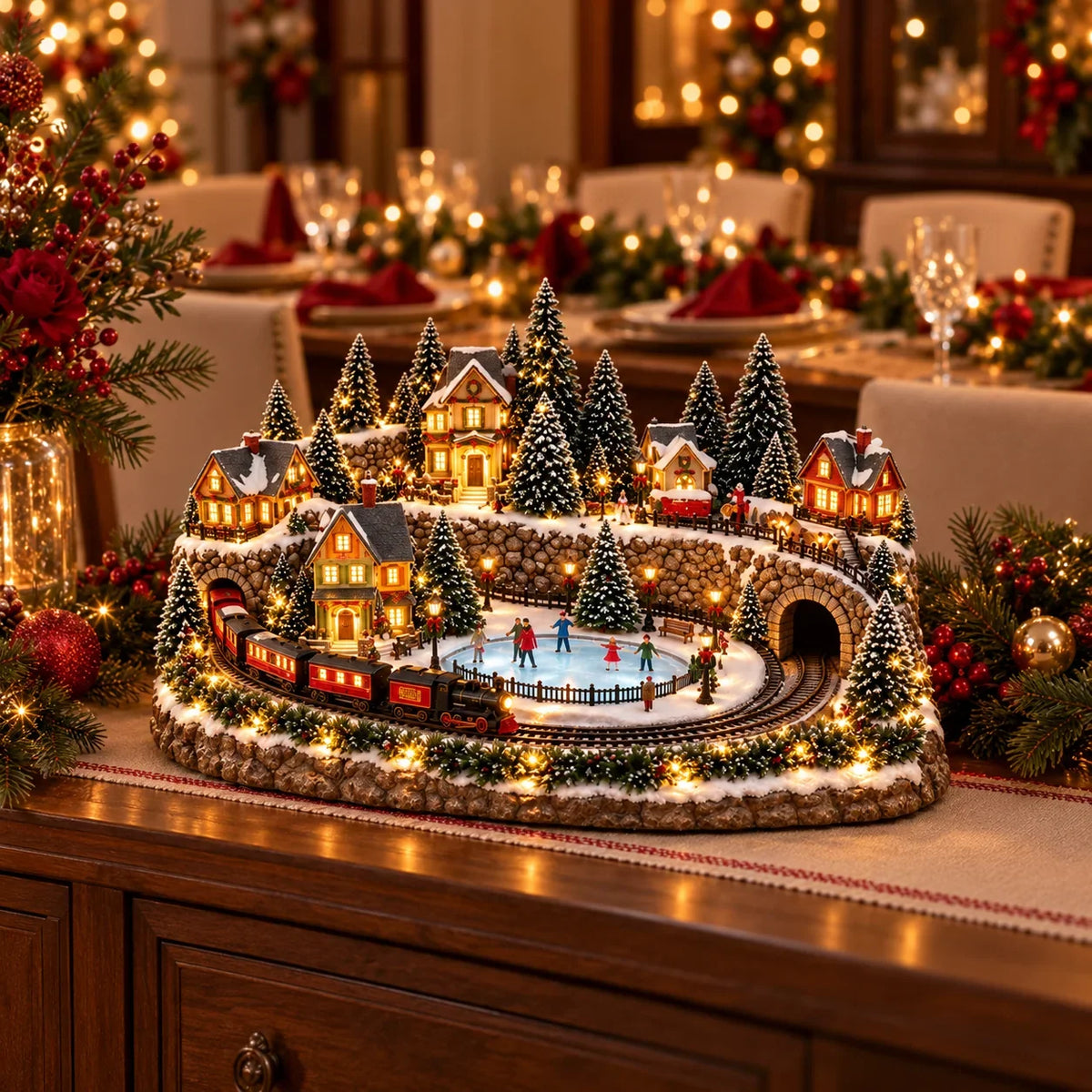 Christmas Village Decoration Moving Train Warm Lights & Music