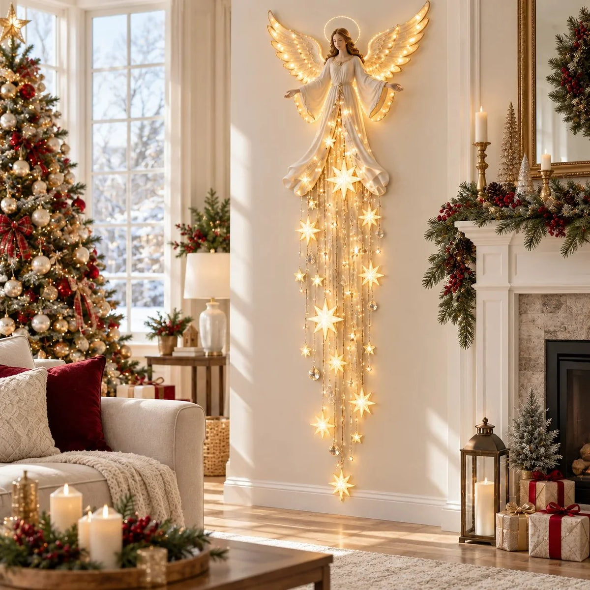 Christmas Wall Light Angel With Halo Warm White Glow Cascading Stars