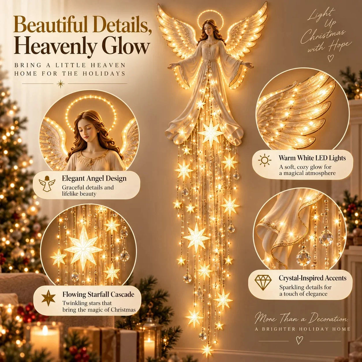 Christmas Wall Light Angel With Halo Warm White Glow Cascading Stars