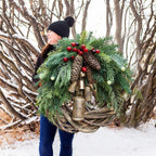Christmas Wreath Pinecones Berries & Golden Bells 17-Inch Outdoor-Safe