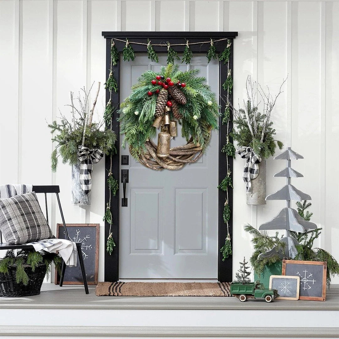Christmas Wreath Pinecones Berries & Golden Bells 17-Inch Outdoor-Safe