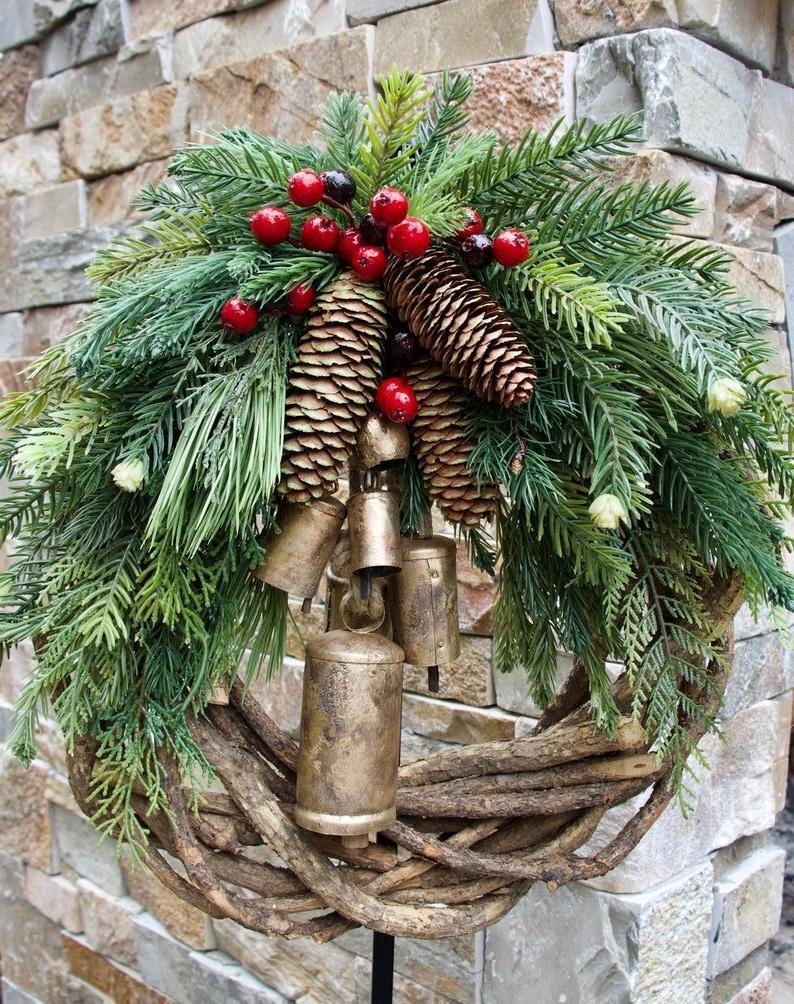 Christmas Wreath Pinecones Berries & Golden Bells 17-Inch Outdoor-Safe