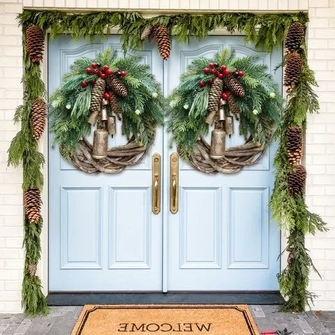 Christmas Wreath Pinecones Berries & Golden Bells 17-Inch Outdoor-Safe