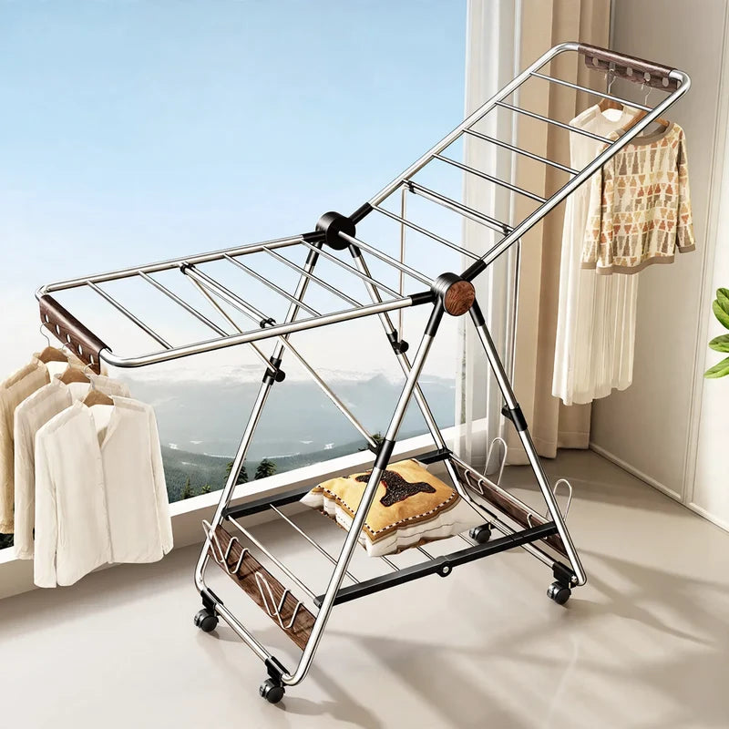 Clothes Drying Rack Stainless Steel Foldable With 4 Shoe Shelves