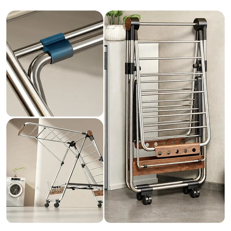 Clothes Drying Rack Stainless Steel Foldable With 4 Shoe Shelves