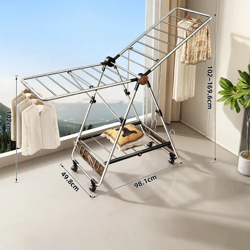 Clothes Drying Rack Stainless Steel Foldable With 4 Shoe Shelves