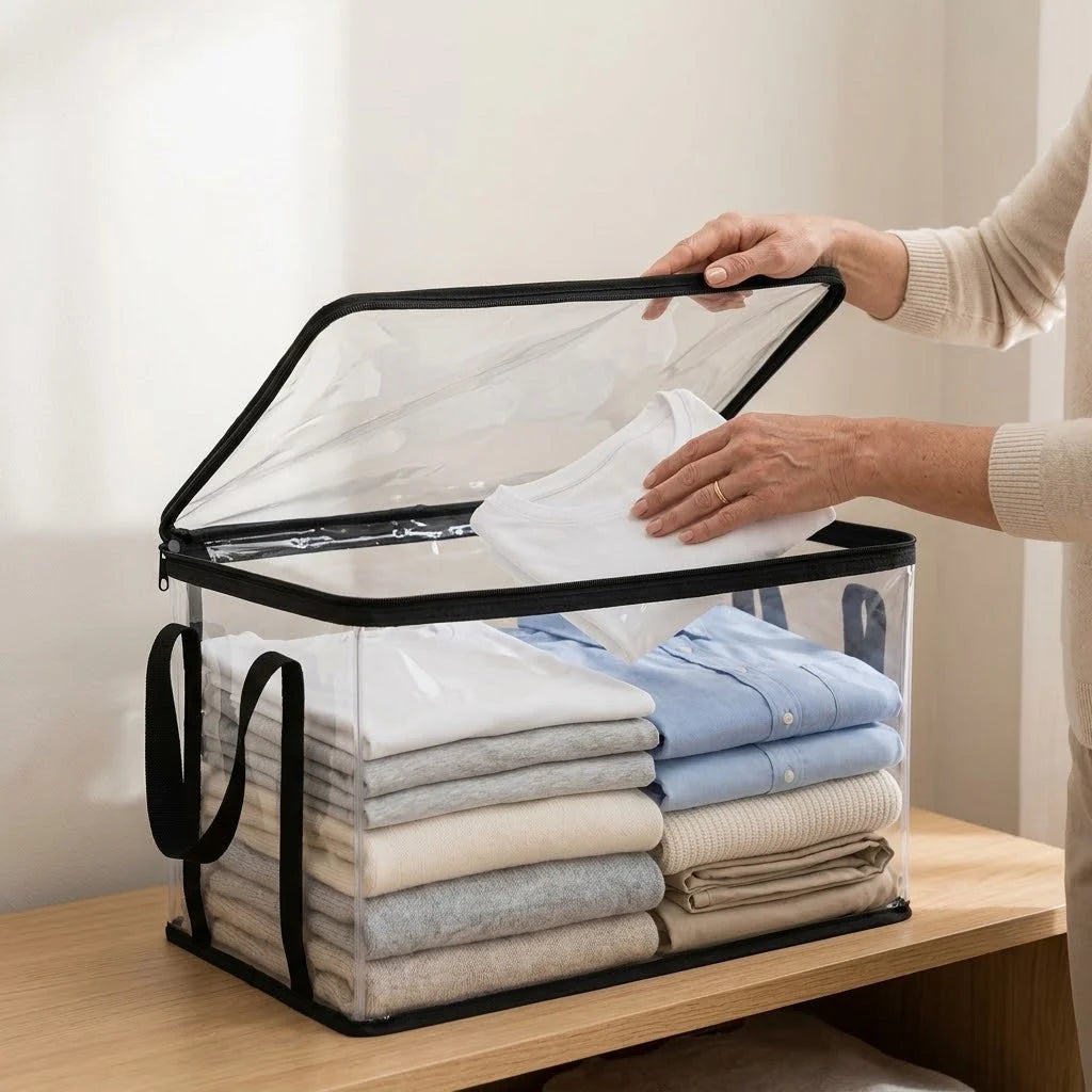 Clothing Storage Box Transparent & Foldable Double Zipper