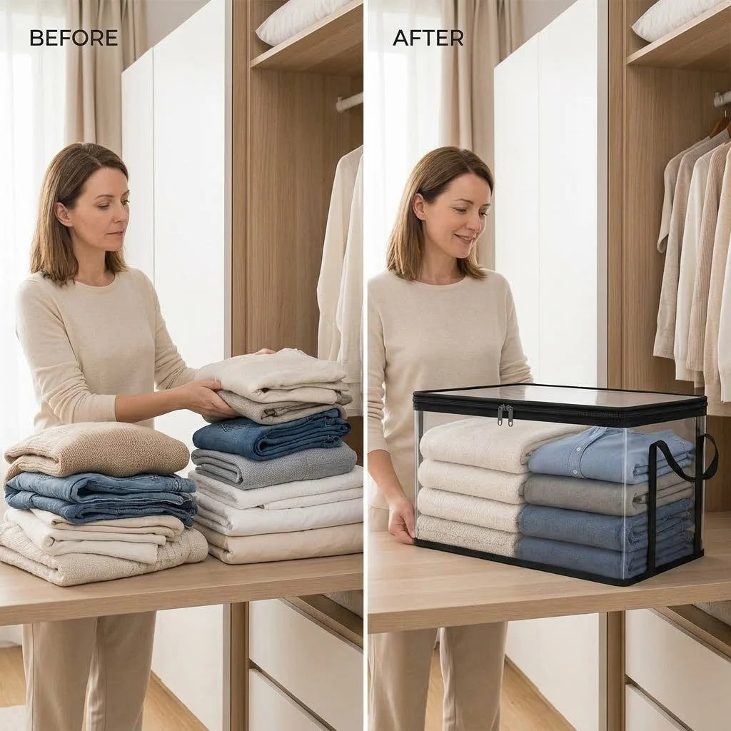 Clothing Storage Box Transparent & Foldable Double Zipper