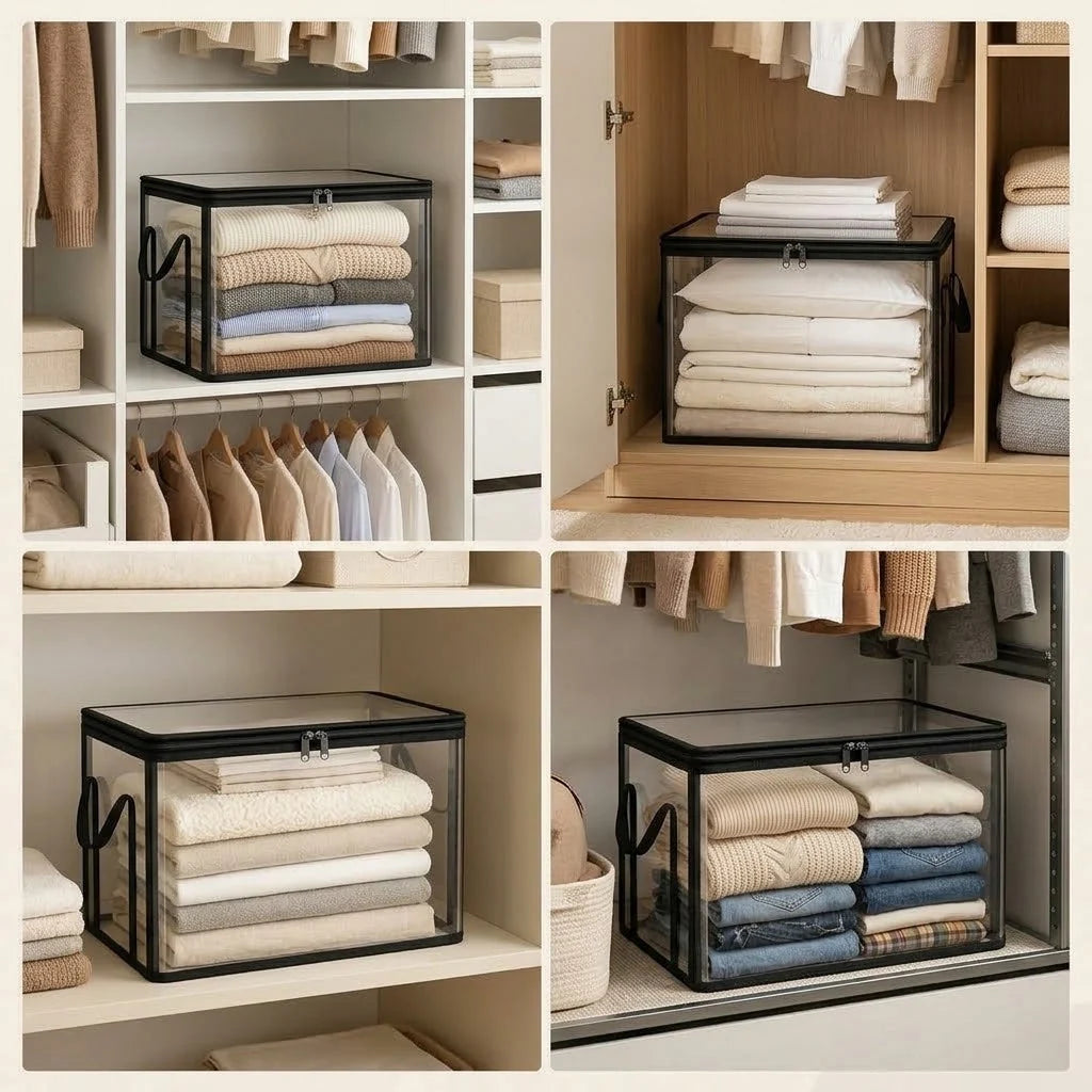Clothing Storage Box Transparent & Foldable Double Zipper