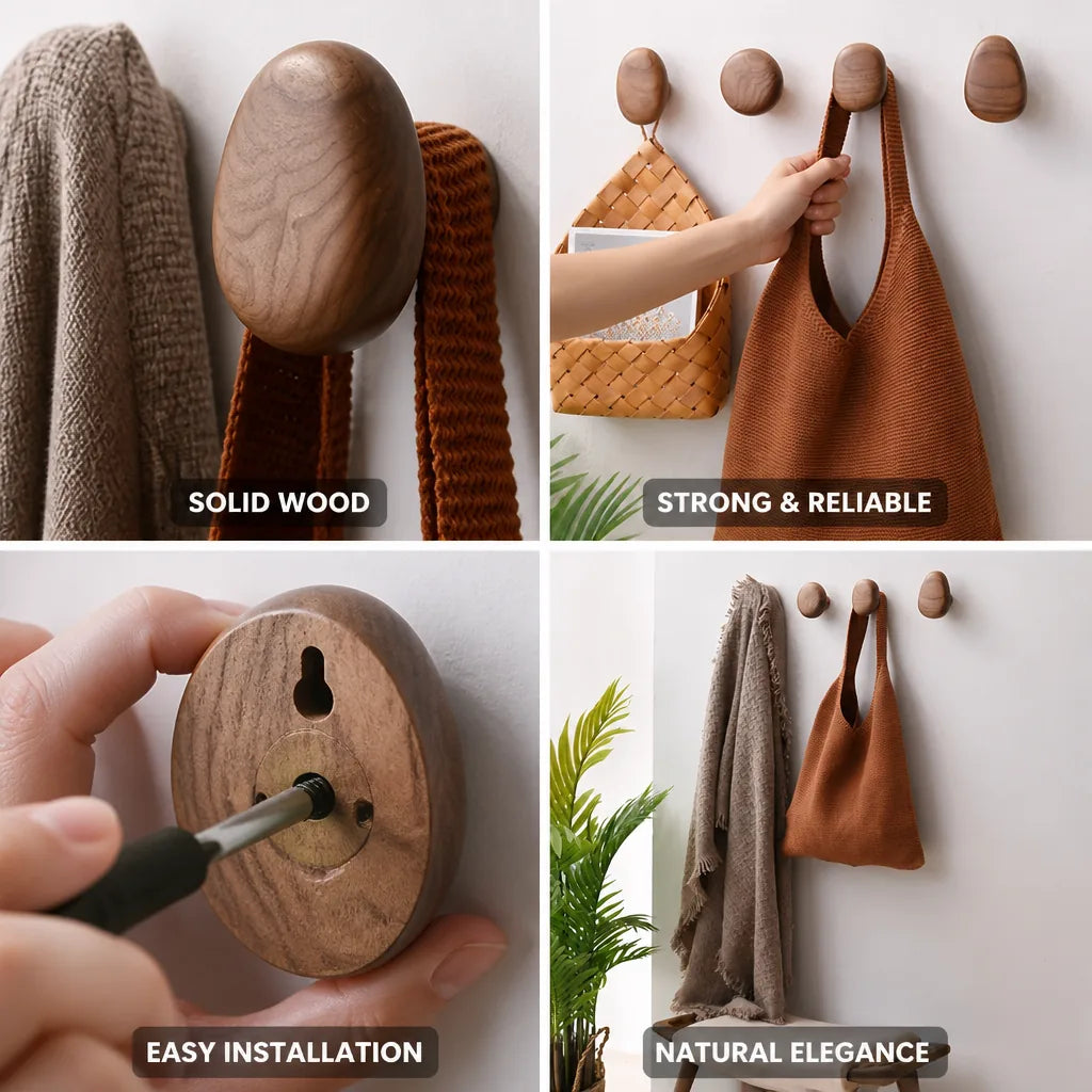 Coat Hooks Solid Wood Pebble Set of 4