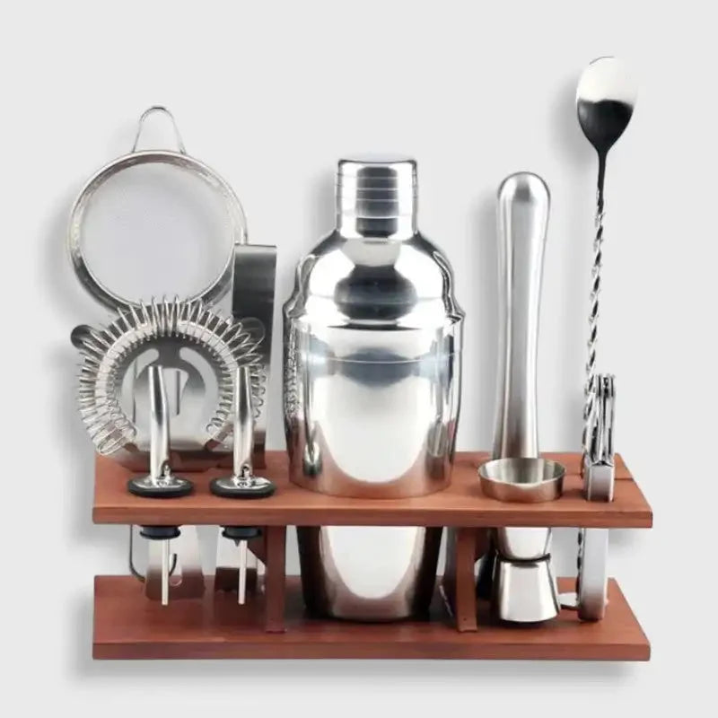 Cocktail Set Stainless Steel Tools & Wooden Stand