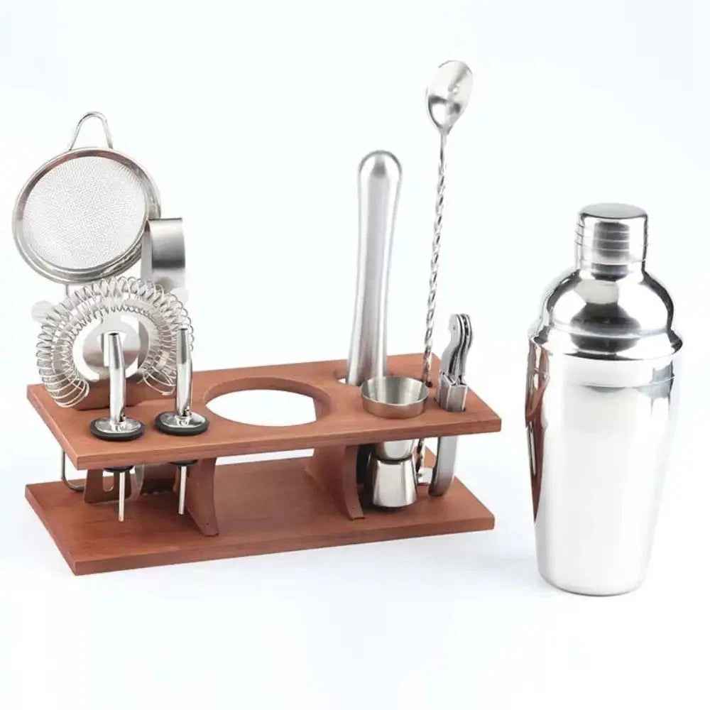 Cocktail Set Stainless Steel Tools & Wooden Stand