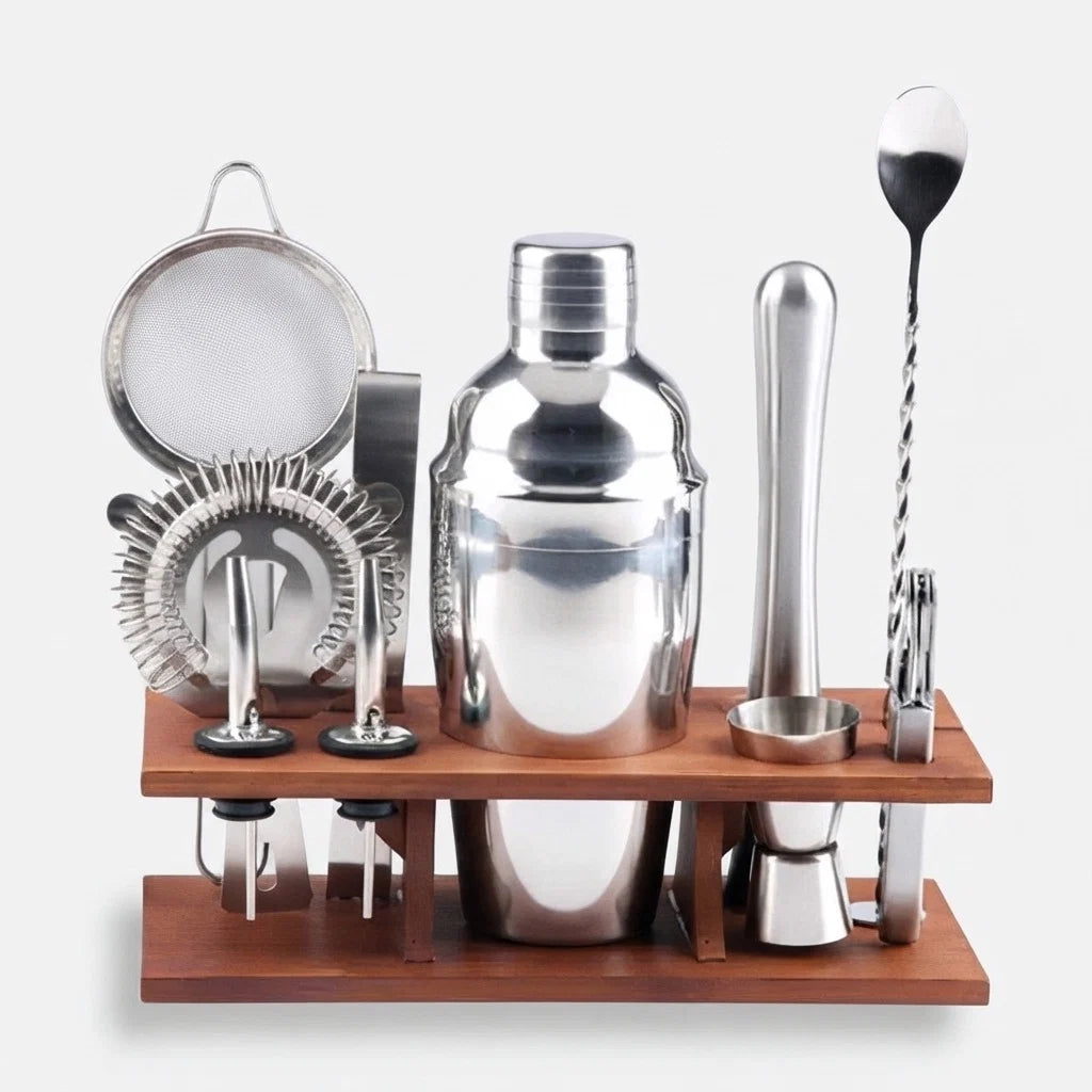 Cocktail Set Stainless Steel Tools & Wooden Stand