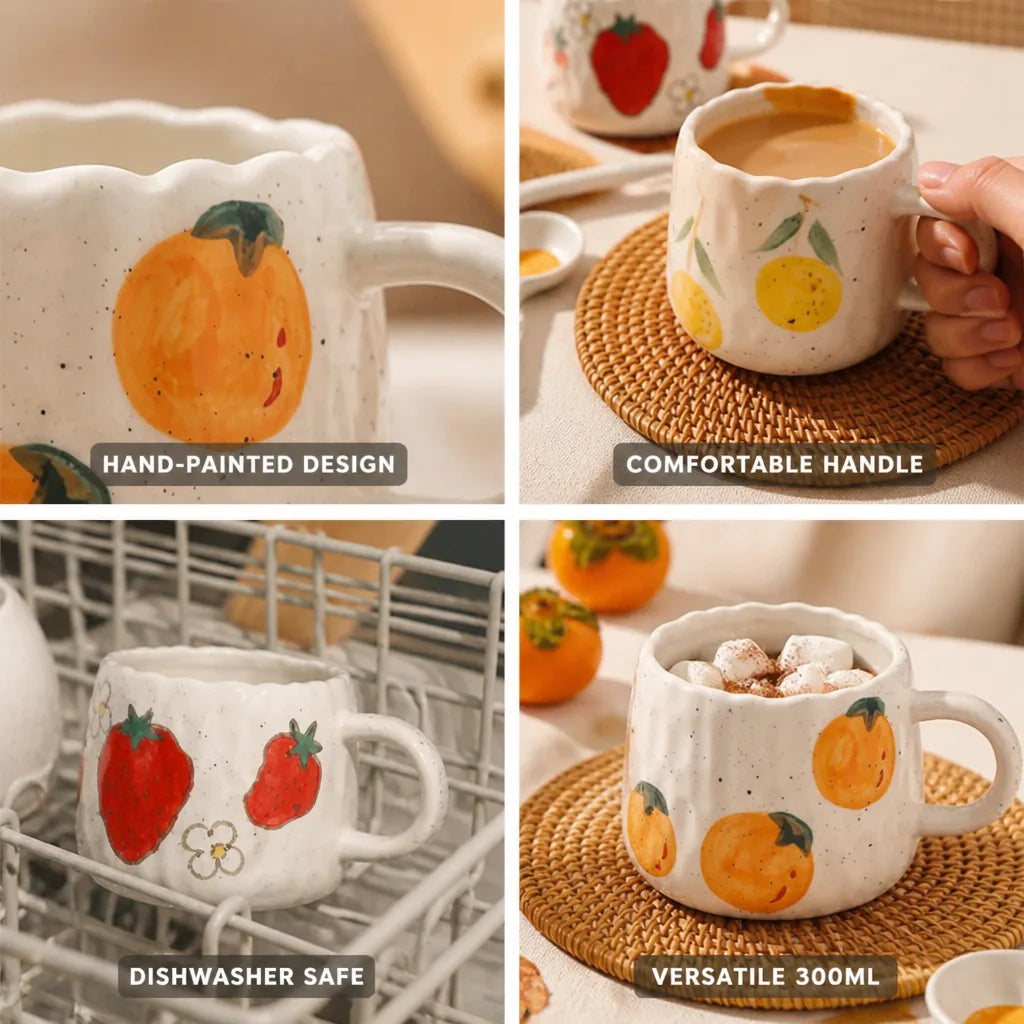 Coffee Mug Ceramic Hand-Painted Fruit Dishwasher Safe 300ml