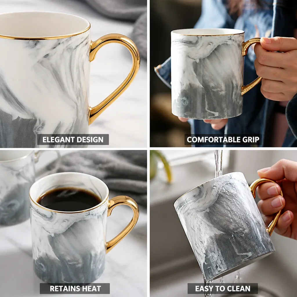 Coffee Mug Marble-Effect Ceramic Gold-Tone Handle