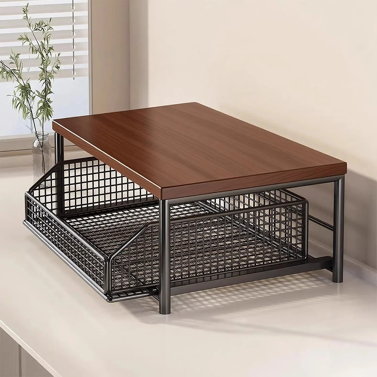 Coffee Station Organizer Wooden Top Slide-Out Mesh Baskets Compact Countertop Storage