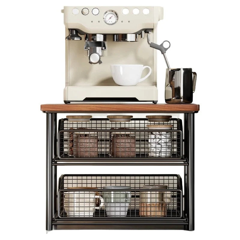 Coffee Station Organizer Wooden Top Slide-Out Mesh Baskets Compact Countertop Storage