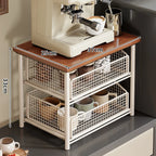 Coffee Station Organizer Wooden Top Slide-Out Mesh Baskets Compact Countertop Storage