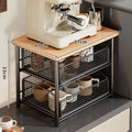 Coffee Station Organizer Wooden Top Slide-Out Mesh Baskets Compact Countertop Storage