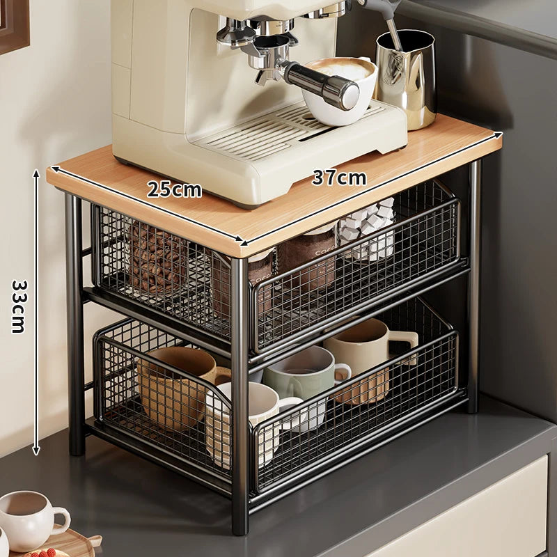 Coffee Station Organizer Wooden Top Slide-Out Mesh Baskets Compact Countertop Storage