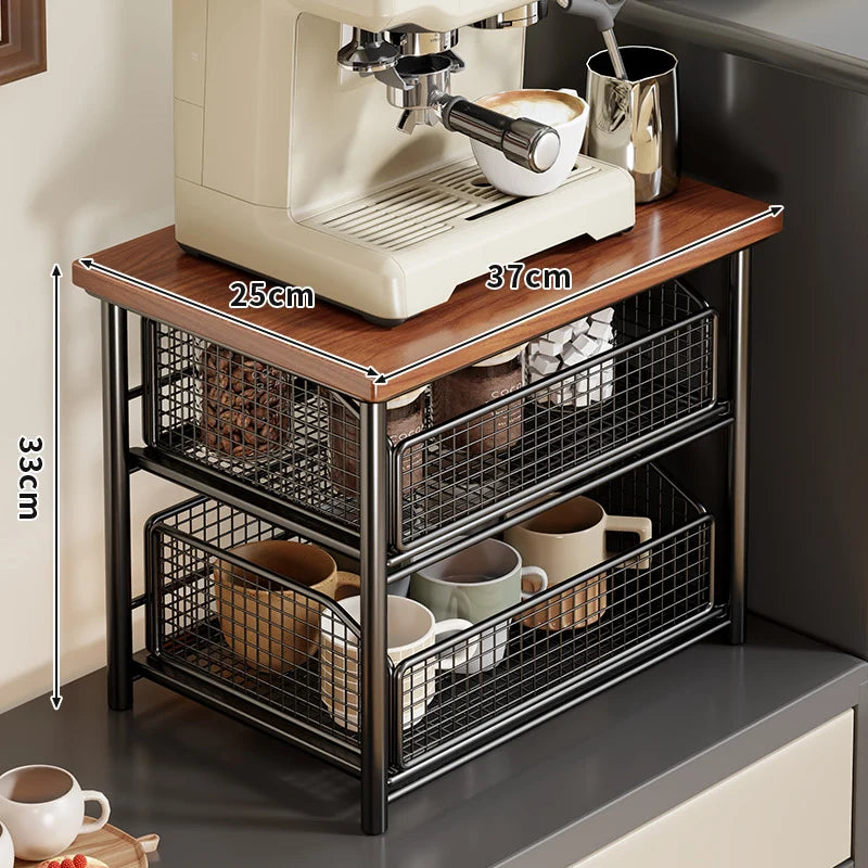 Coffee Station Organizer Wooden Top Slide-Out Mesh Baskets Compact Countertop Storage