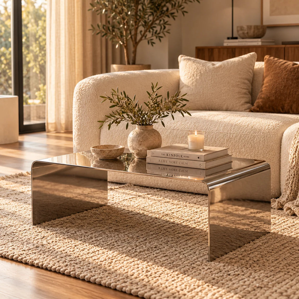 Coffee Table Stainless Steel Waterfall Design Mirror-Polished Chrome
