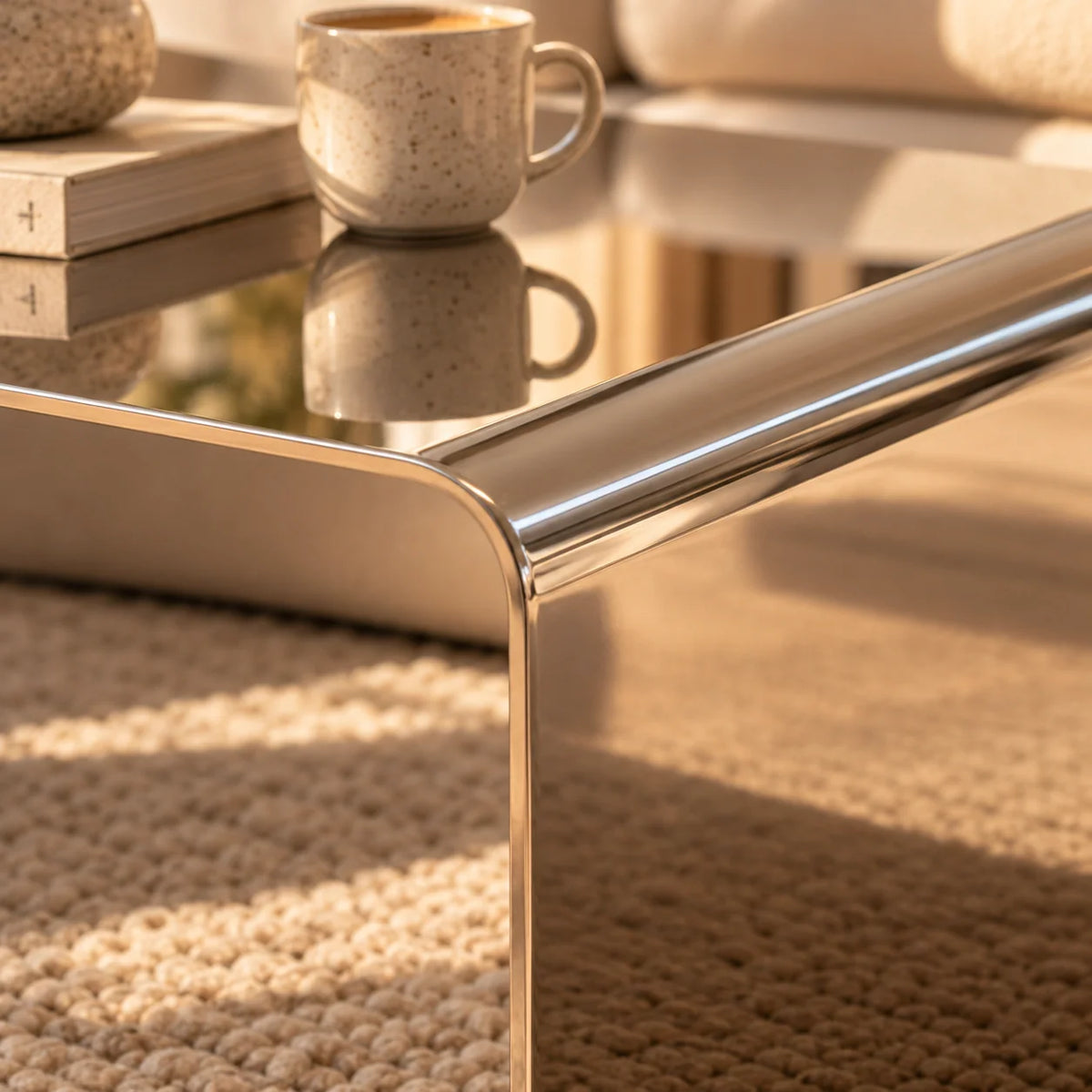 Coffee Table Stainless Steel Waterfall Design Mirror-Polished Chrome