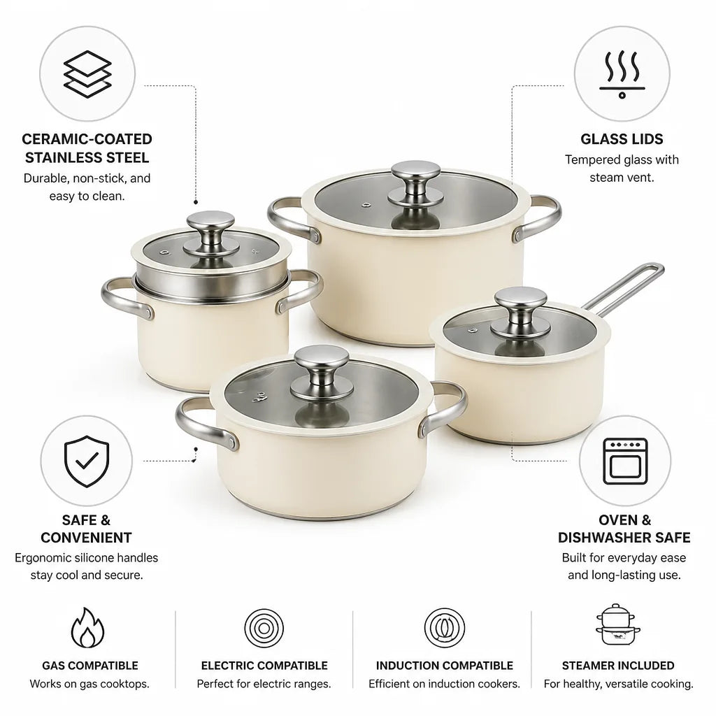 Cookware Set 9-Piece Ceramic-Coated Stainless Steel Glass Lids